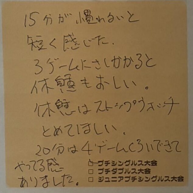 １５分が慣れると短く感じた。３ゲームに差し掛かると休憩も惜しい。休憩はストップウォッチ止めて欲しい。２０分は４ゲームくらできてやってる感がありました。